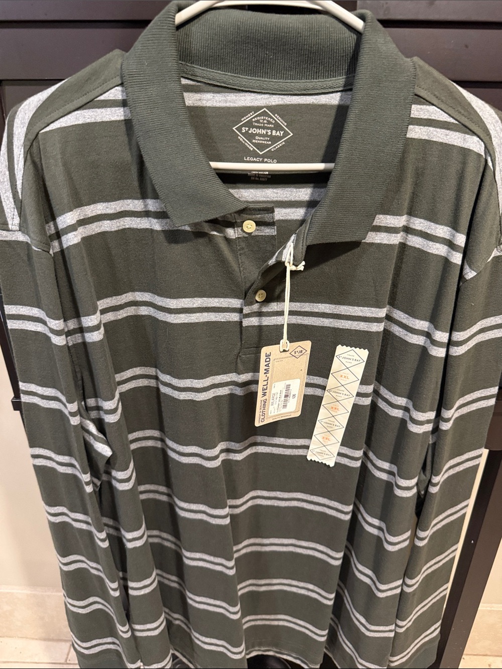 St. John's Bay Olive & Light Gray Striped Long-Sleeve Polo